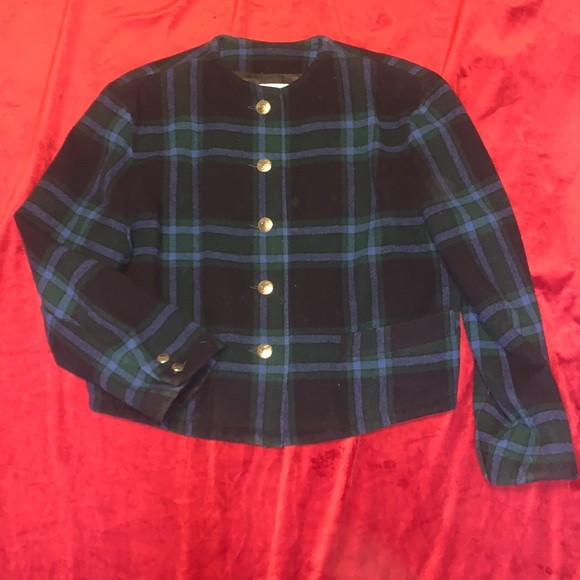 Vintage 90s Byblos Navy/Forest Green Tartan Plaid Button Front Wool Jacket Sz 6 - Picture 7 of 8